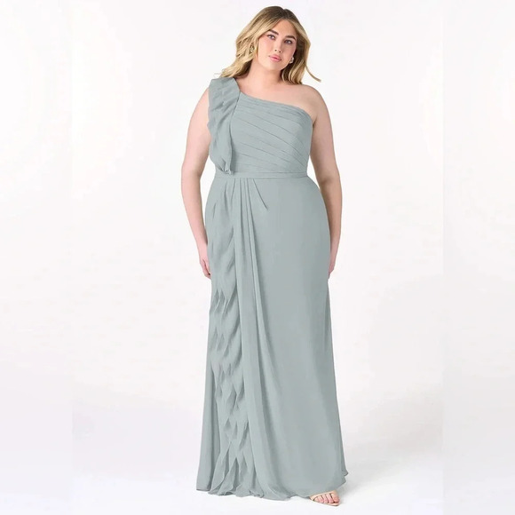 NWT Azazie Sharon A-Line One Shoulder Chiffon Gown Size 12 gray fog formal - Picture 3 of 10